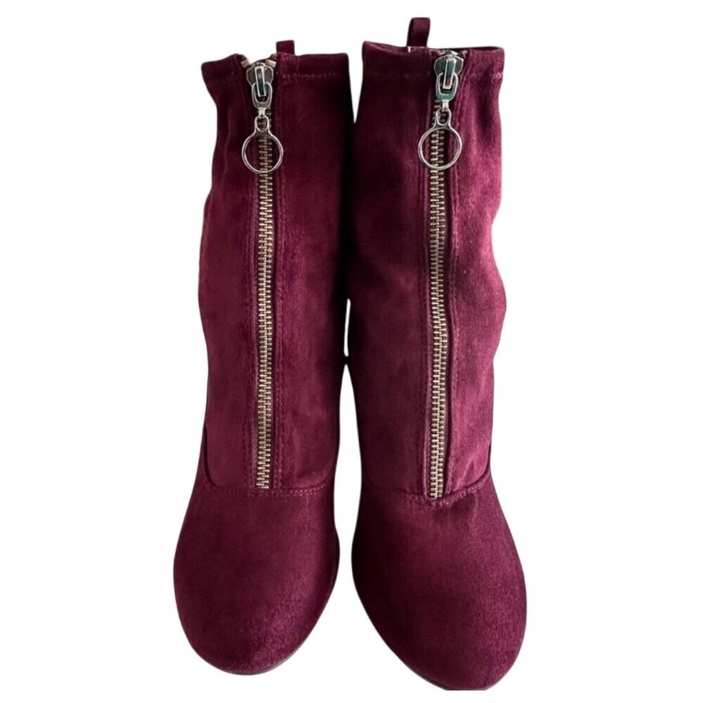 Burgundy Suede Ankle Booties With Front Zipper & Block Heels - Picture 3 of 13